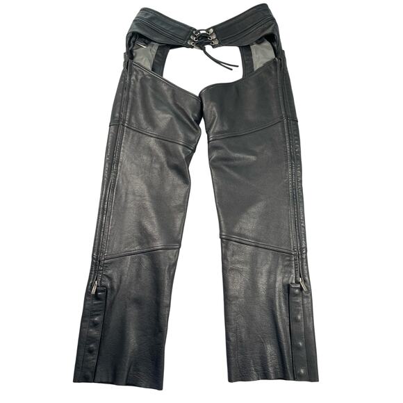 Harley Davidson Chaps Large Black Genuine Leather Adjustable Belt Side Zip Snaps